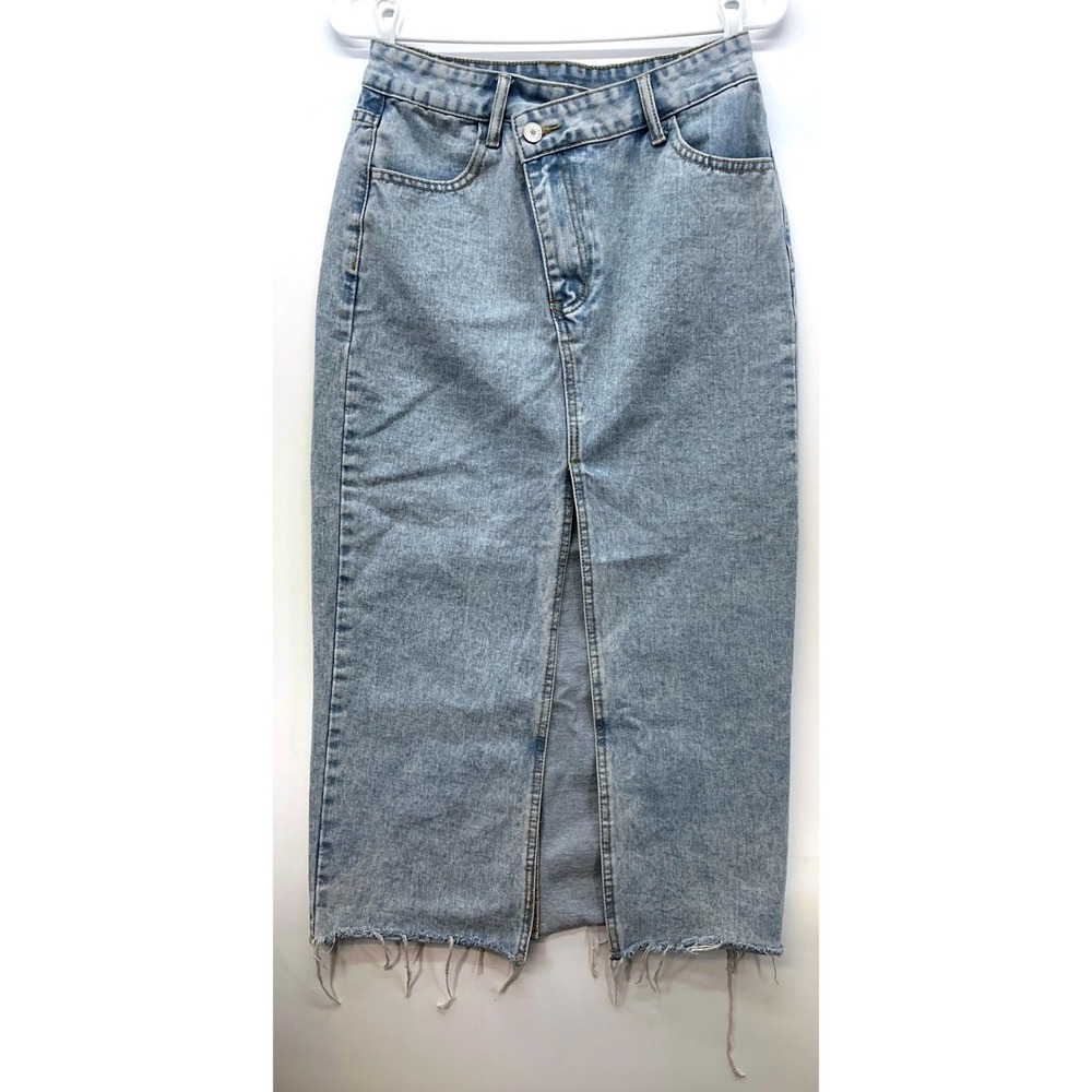 Light Wash Denim Midi Skirt Sz S Asymmetrical Waist Raw Hem Y2K Grunge - Picture 1 of 9